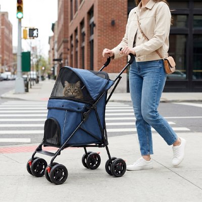 "Poussette pour chat Bleu foncé utilisée en ville sur un passage piéton avec chat à bord"