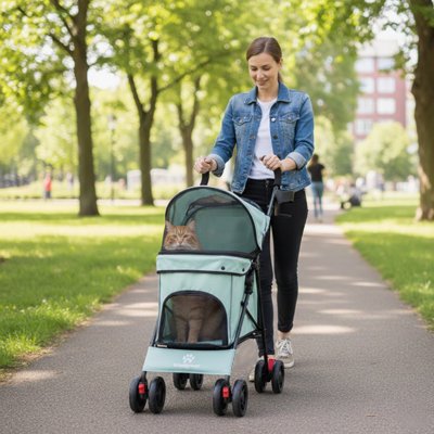 "Poussette pour chat Bleu-vert avec double entrée et toit transparent pour promenade en extérieur"