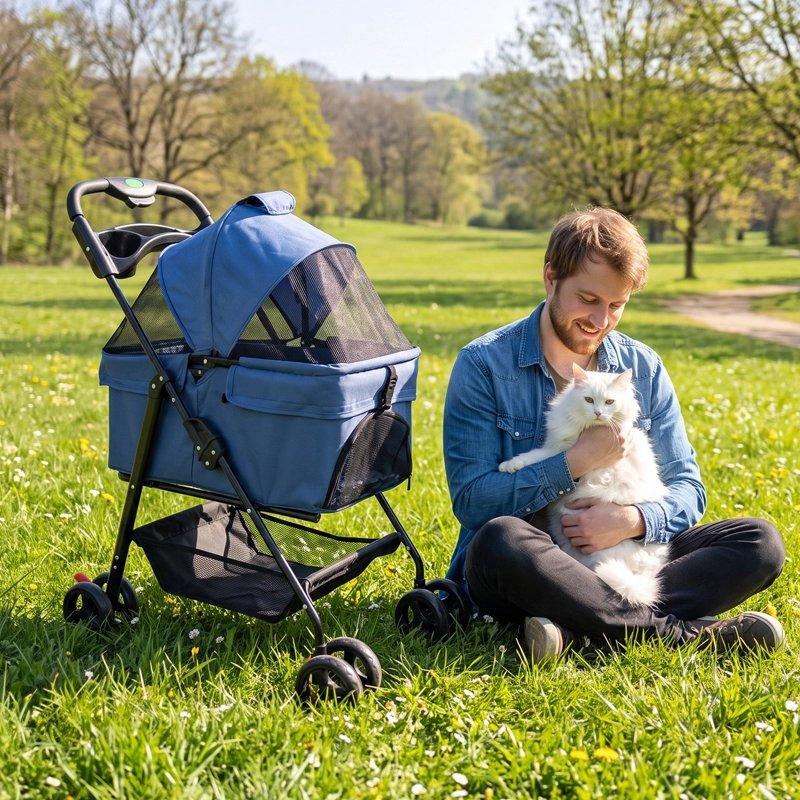 Poussette pour chat bleue à 4 roues posée dans l'herbe, propriétaire câlinant son chat blanc