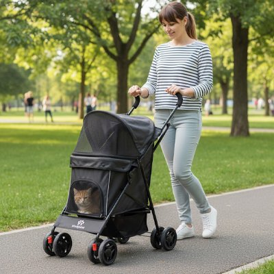 Poussette pour chat noire avec chat à l'intérieur, utilisée par une femme dans un parc verdoyant