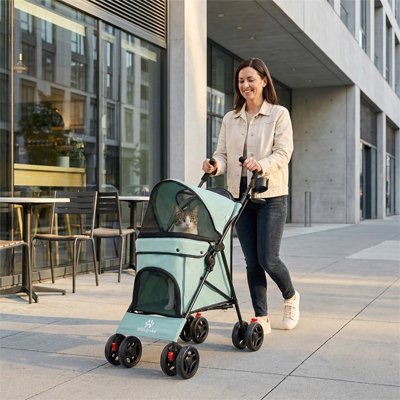 "Poussette pour chat turquoise moderne avec fenêtre panoramique en milieu urbain"
