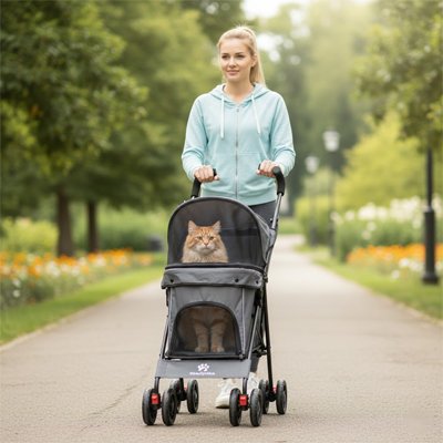 "Poussette pour chat pliable avec roues tout-terrain - balade en parc avec chat"