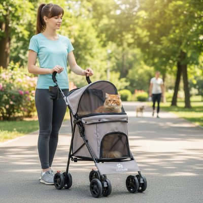 "Poussette chat 4 roues ventilée - transport sécurisé avec capote anti-UV"