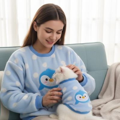 Pull pour chat pingouin bleu doux et chaud