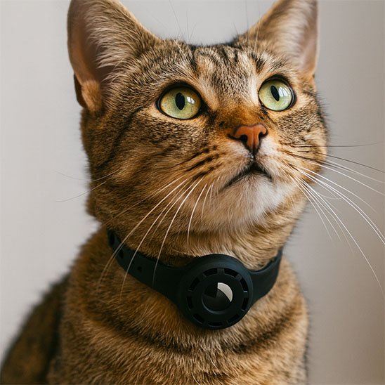 Chat portant le collier GPS Minou loft pour localisation. 