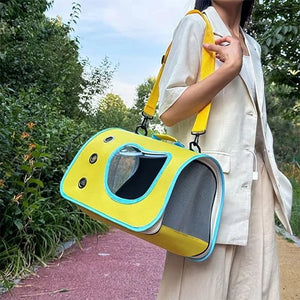 Sac de transport jaune pour chat avec fenêtre transparente et panneaux en mesh respirant