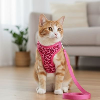 Chat gris portant un harnais Minou loft réglable pour promenade sécurisée en extérieur 