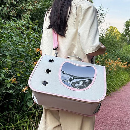 Vue détaillée du sac de transport pour chat gris avec poignée de transport supérieure