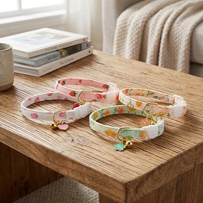 Quatre colliers pour chat fleuris avec breloques et clochettes dorées posés sur une table en bois
