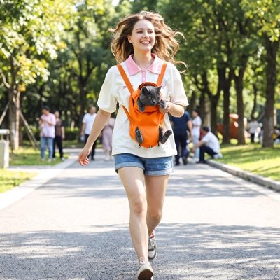 Sac à dos porte-chat orange, femme courant avec son chat