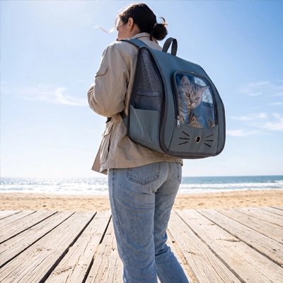 Sac à dos pour chat gris avec fenêtre et panneau aéré, porté sur une plage