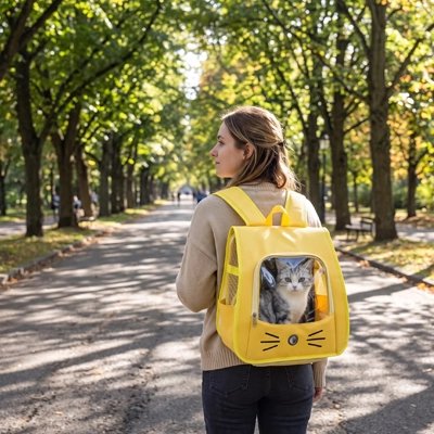 Sac à dos pour chat jaune avec fenêtre transparente, porté dans une allée d’arbres