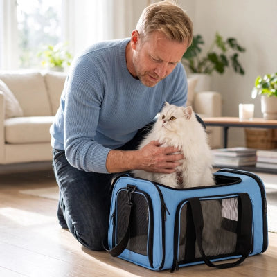 Sac de transport chat bleu avec chat persan blanc à l'intérieur, homme le caressant