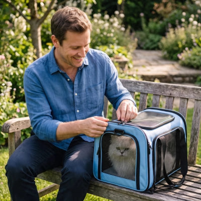 Sac de transport chat bleu fermé par un homme souriant sur un banc de jardin, chat visible à travers le mesh