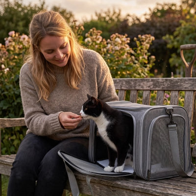 Sac de transport chat gris avec chat noir et blanc sortant, femme assise sur un banc lui donnant une friandise