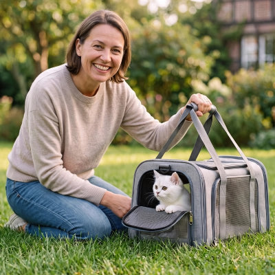 Sac de transport chat gris tenu par une femme dans l'herbe, chat blanc regardant par l'ouverture