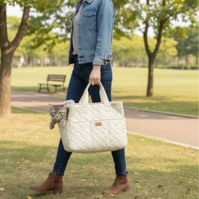 Sac de transport chat capitonné beige tenu à la main avec chat tabby qui dépasse