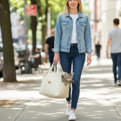 Femme en ville portant un sac de transport chat beige 