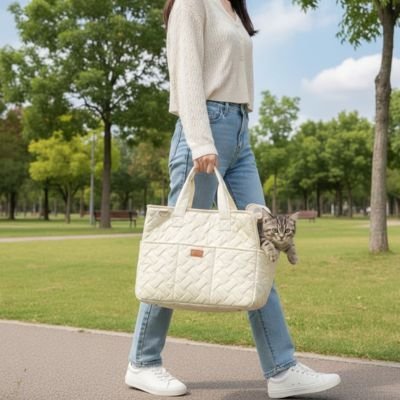 Femme se promenant avec un sac de transport chat  beige sur une allée de parc