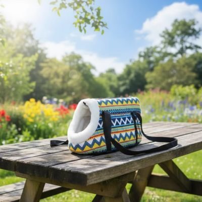 Sac de transport pour chat avec motifs géométriques posé sur table de jardin