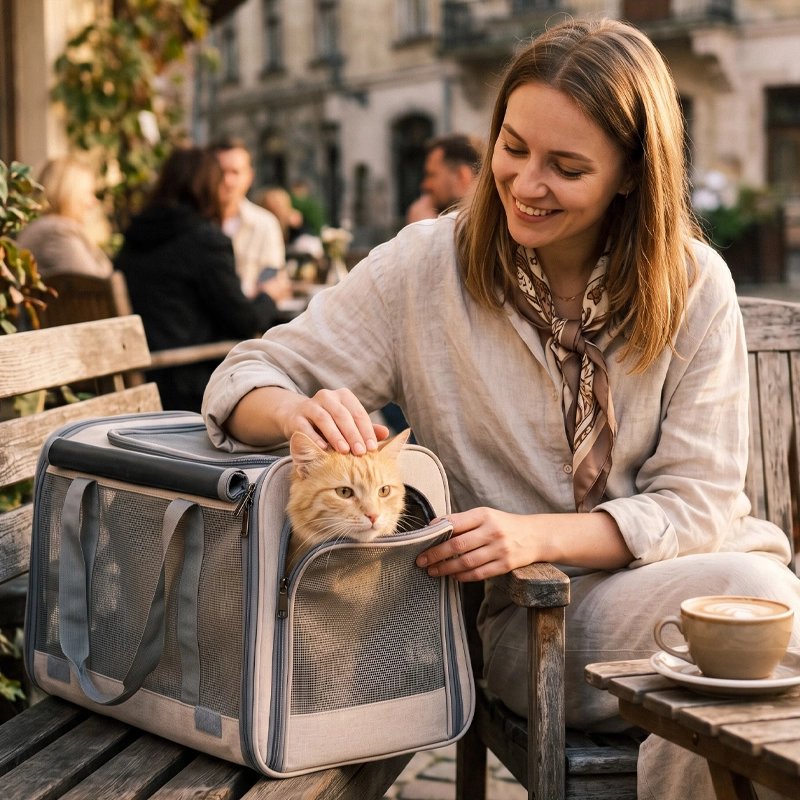Sac de transport pour chat beige en terrasse de café, chat roux passant la tête à l'ouverture