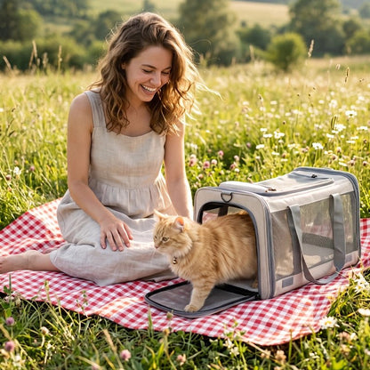 Sac de transport pour chat beige posé sur nappe à pique-nique, chat roux en sortie dans la nature
