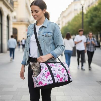 Sac de transport pour chat confortable et sécurisé avec chat gris visible, idéal pour les déplacements urbains