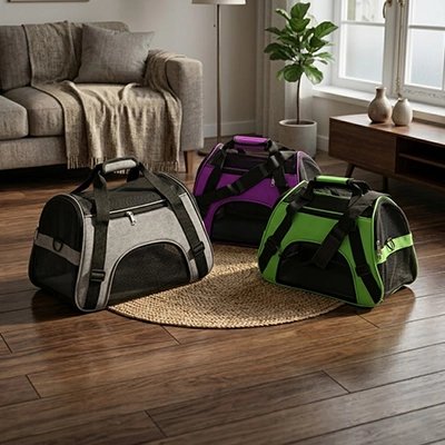 Sac de transport pour chat disponible en trois couleurs gris, violet et vert posé sur un sol en bois dans un salon