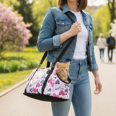  Sac de transport pour chat motif floral rose avec chat roux visible, porté en bandoulière par une femme en ville