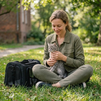 Sac de transport pour chat noir posé dans l'herbe, femme tenant un chaton gris tigré en extérieur
