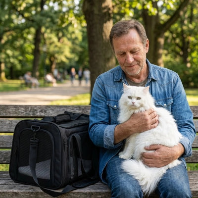 Sac de transport pour chat noir posé sur un banc, homme tenant un chat blanc à poil long dans un parc