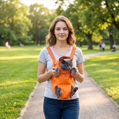 Sac de transport pour chat orange, pattes sorties, promenade