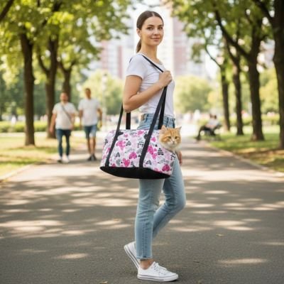Sac de transport pour chat pratique et élégant motif rose, chat beige à l'intérieur, parfait pour les promenades