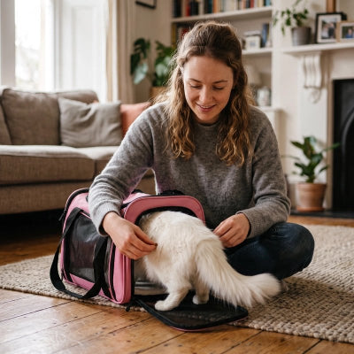 Sac de transport pour chat rose avec chat blanc à poil long en sortant, femme assise dans un salon 