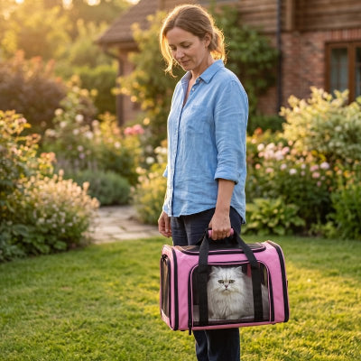 Sac de transport pour chat rose porté par une femme, chat persan blanc visible à travers la fenêtre en mesh, jardin au coucher du soleil 