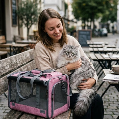 Sac de transport pour chat rose posé sur un banc, femme caressant un chat gris à poil long
