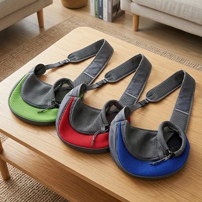  Sac de transport pour chat type sling disponible en trois couleurs vert rouge et bleu posés sur une table