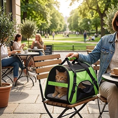 Sac de transport pour chat vert posé sur une chaise de terrasse de café avec un chat roux à l'intérieur