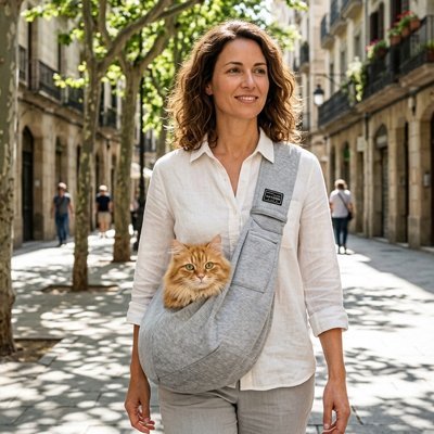 
Femme souriante sac de transport pour chat gris bandoulière chat roux rue ensoleillée