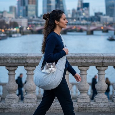 Femme marchant avec sac de transport pour chat gris bandoulière chat blanc pont Londres
