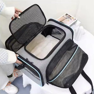 Sac transport chat extensible ouvert, filet respirant, liseré bleu