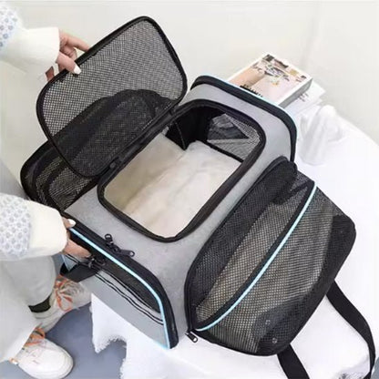 Sac transport chat extensible ouvert, filet respirant, liseré bleu