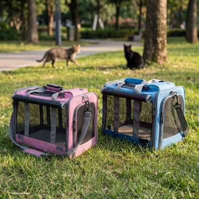 Sacs de transport pour chat en rose et bleu posés dans l'herbe, deux chats jouant en arrière-plan