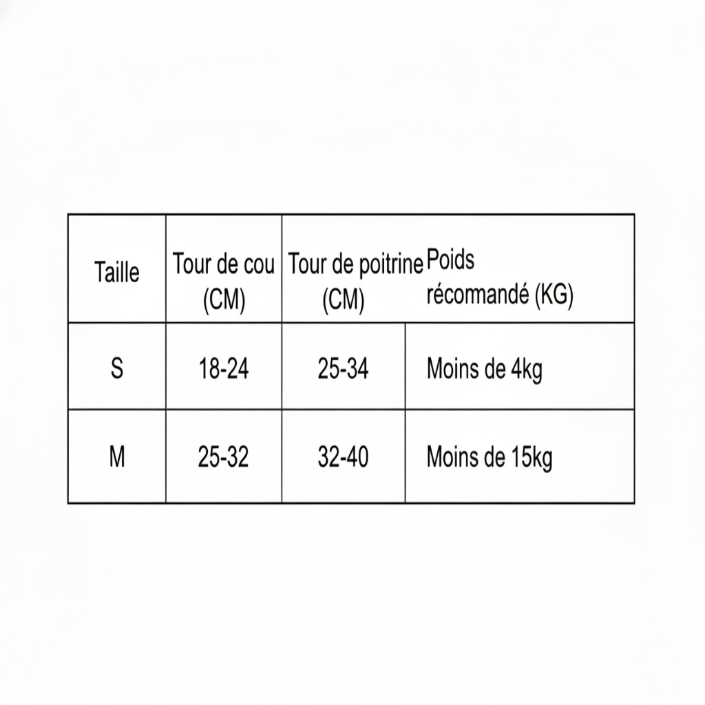 Tableau de tailles harnais chat