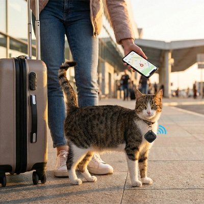 "Traceur GPS chat bleu au collier permettant la géolocalisation lors des déplacements et voyages"