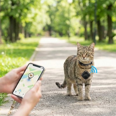 "Traceur GPS chat bleu connecté au collier, suivi en temps réel via application mobile dans un parc"
