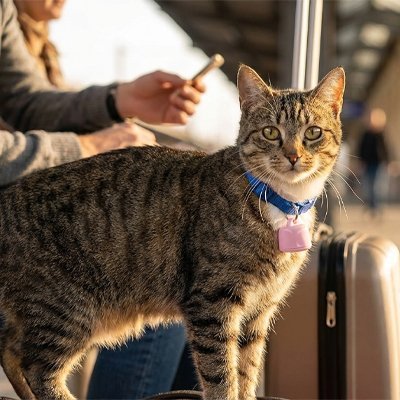 "Traceur GPS chat rose fixé au collier bleu d'un chat tigré pour localisation en temps réel à domicile"