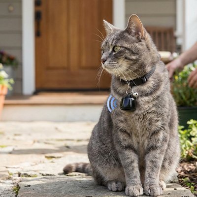 "Traceur GPS chat noir avec clochette au collier d'un chat gris pour suivi des déplacements extérieurs"