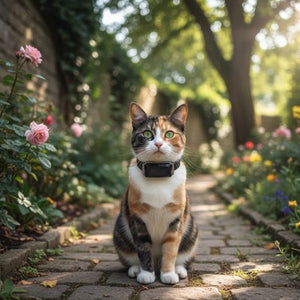 Chat tricolore avec traceur GPS au collier dans un jardin