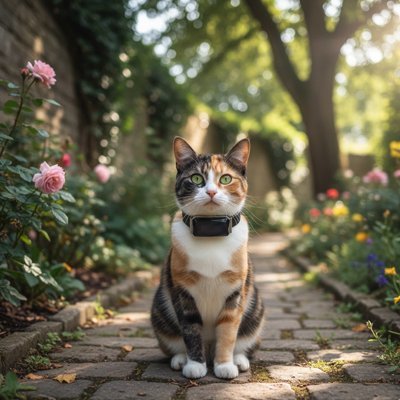 Chat tricolore avec traceur GPS au collier dans un jardin